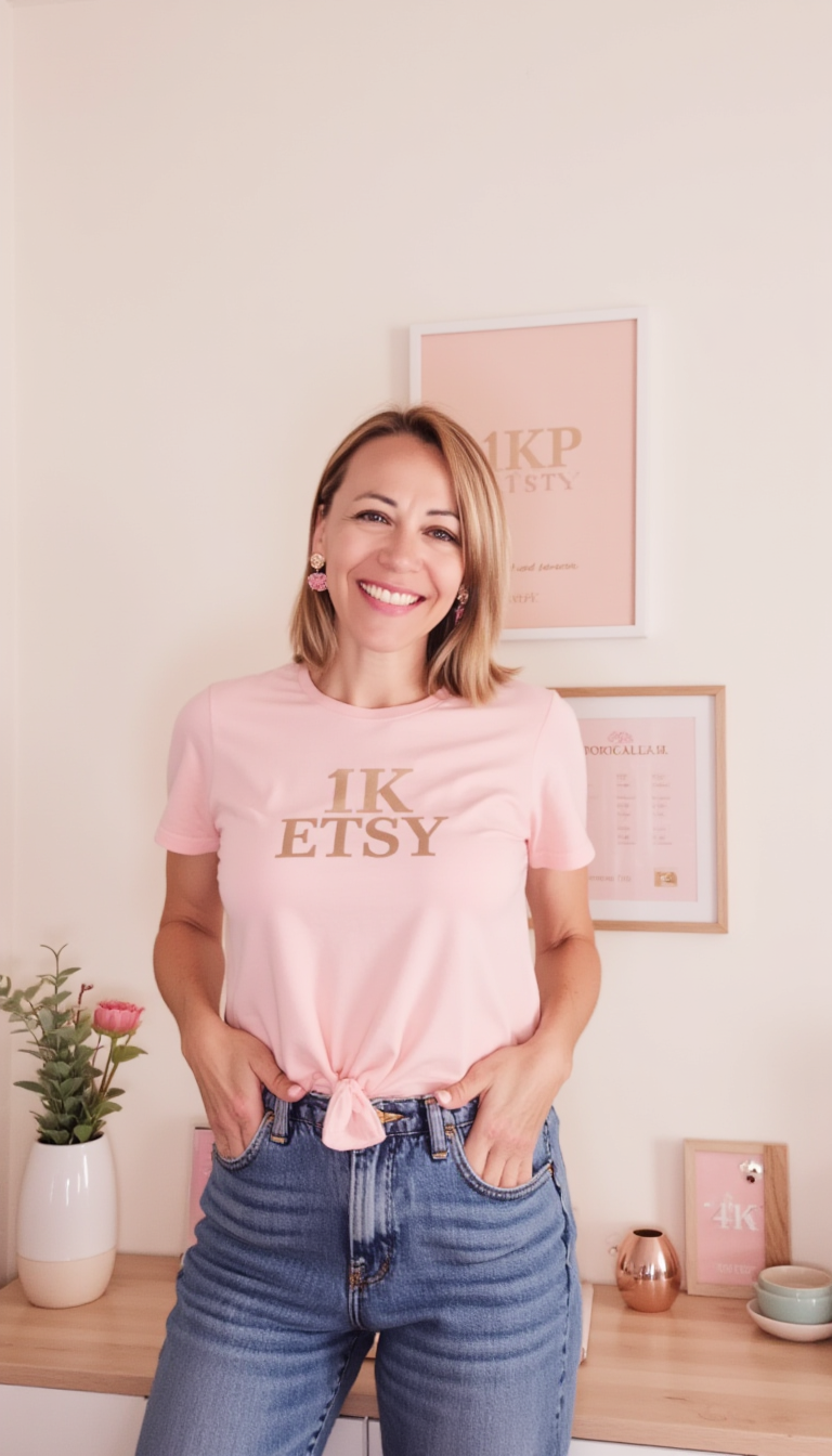 Marie celebrando un hito de ventas en su tienda de Etsy