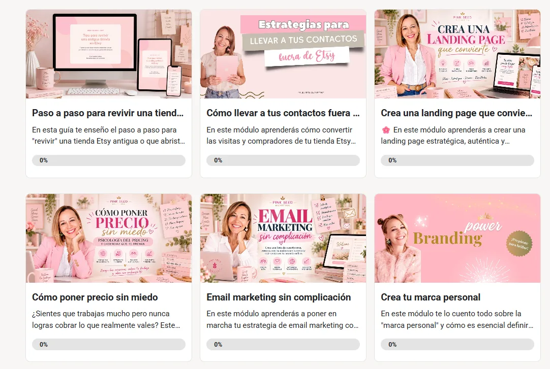 Más módulos de la Academia Etsy: revivir tu tienda, contactos fuera de Etsy, landing page, precios, email marketing y marca personal